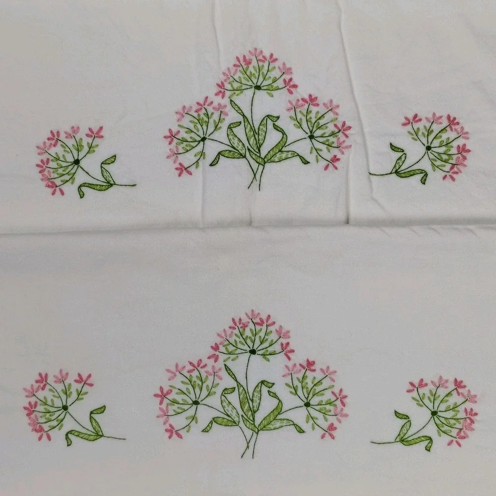 Vintage Embroidered Floral Pillowcase Set (2) White Pink MCM Cross Stitch 20x29